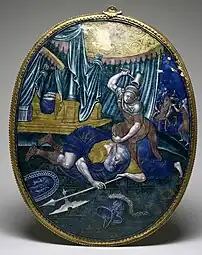 Pierre Reymond, plaque en émail de Limoges représentant Yaël tuant Siséra (entre 1550 et 1575).