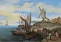 Scène portuaire avec moulin à vent et commerçants