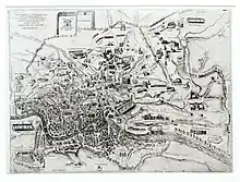 Dessin en noir et blanc du plan d'une ville.