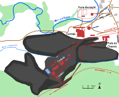 Schématisation des installations du puits du Chanois, de la centrale électrique, des terrils et cités minière.