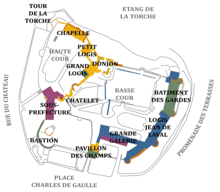 Plan du château montrant ses éléments et les époques de construction.