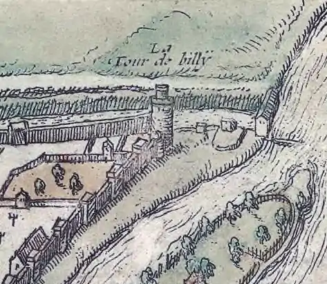 Tour de Billy sur le plan de Braun et Hogenberg vers 1530 (le nord est à gauche).