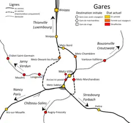 Schéma montrant les lignes et les gares formant le système ferroviaire de Metz