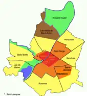 Plan d'Angers présentant les diverses époques de constructions par quartier.