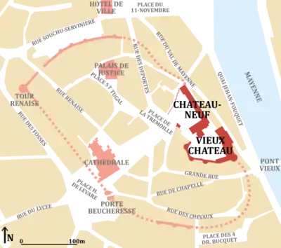 Plan du centre de Laval, montrant le château dans son contexte urbain.