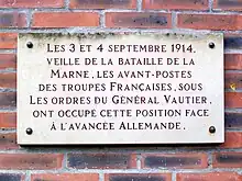 Plaque commémorative 1re guerre mondiale, 3 et 4 septembre 1914 à Survilliers (95).