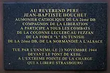 Plaque à la mémoire du R.P. Jean-Baptiste Houchet près du tank Sherman Cherbourg au port du Rhin de Strasbourg (Bas-Rhin).