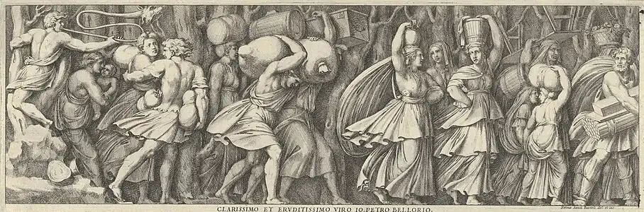 Procession de personnages marchant vers la droite en portant plusieurs objets, eau-forte d'après Polidoro da Caravaggio, vers 1660–1690.