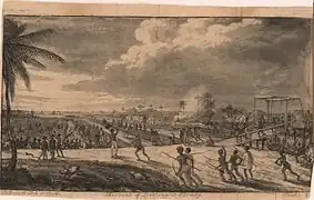 Groupe d'esclaves insurgés forçant les soldats européens du Lieutenant Brady à battre en retraite.