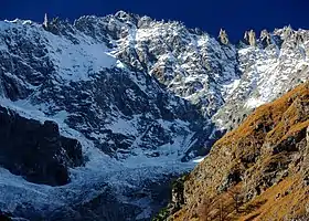 Vue des faces est de la pointe Morin (à droite) et de la pointe Kurz (au centre) depuis la Suisse.