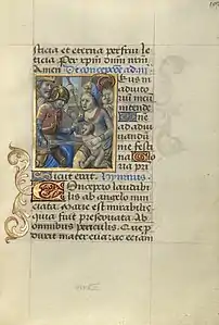 Page manuscrite avec une petite miniature d'un soldat tuant un bébé dans les bras de sa mère