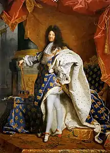 Portrait de Louis XIV en costume de sacre où Louis XIV porte Joyeuse à la ceinture (tableau de Hyacinthe Rigaud, 1701).
