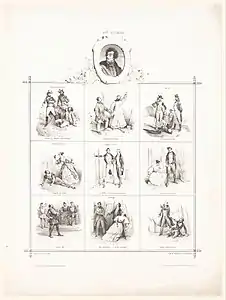 Portrait d'Alexandre Dumas en 1835, avec les scènes célèbres de ses succès au théâtre et un épisode des Impressions de voyage.