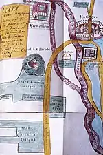 Carte ancienne montrant deux terrains nommés Prata Cartuliæ à proximité de la ville de Mutiga.