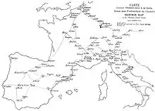 Carte simplifiée des routes postales en France et alentour en 1563.