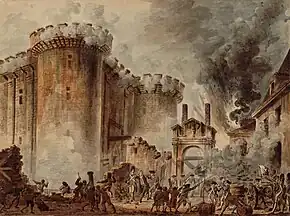 Aquarelle représentant un bâtiment élevé muni de tours, des ruines, des civils et des soldats combattant