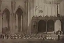 Gravure ancienne montrant une procession liturgique de religieux passant de la gauche vers le centre de l'église, devant un mur qui coupe le chœur (au fond) de la nef (au premier plan).