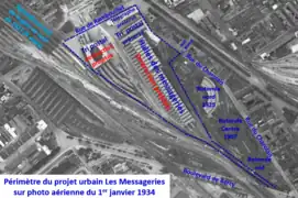Projet urbain Messageries sur photo aérienne de 1934.