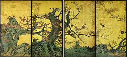 « Vieux prunier ». Encre, couleurs et or sur papier Honkin, fusuma : 184 x 99 cm, x 4, déb. XVIIe siècle. Daikaku-ji, Kyoto