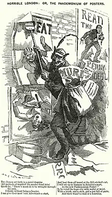 Dessin montrant un homme à l'aspect démoniaque qui colle des affiches dépeignant des crimes sanglants.