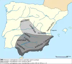 Carte des différentes phases de la conquête punique de l'Ibérie