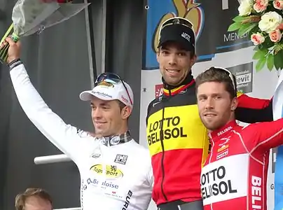 Podium de l'édition 2014 du Prix national de clôture : Tom Van Asbroeck (2e), Jens Debusschere (1er) et Jonas Van Genechten (3e).