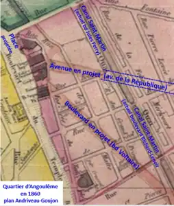 Le quartier en 1860 avec les projets de percements de nouvelles voies.