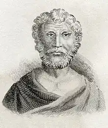 Dessin d'un homme barbu, de face, portant une toge.