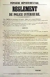 Règlement de police intérieure de la pépinière départementale, 10 juillet 1845, signé Mathieu Fleury, préfet des Landes.