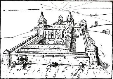 Représentation de la collégiale d'après un document du XVIe siècle par Albert Delaunois (1895-1936).