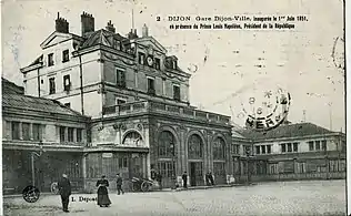 La première gare de Dijon-Ville, inaugurée le 1er juin 1851 en présence duprince Louis-Napoléon Bonaparte.