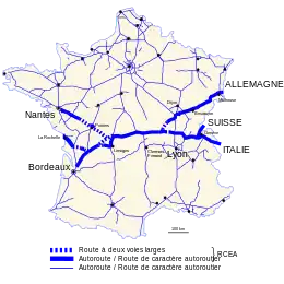Carte de France des autoroutes et routes de type autoroutier mettant en évidence les branches de la RCEA