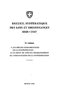 Photocopie en noir et blanc de la page de la garde du Recueil systématique de 1948 avec les armoiries de la Confédération suisse de l'époque
