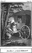 Reproduction d'un frontispice. Dans un décor forestier, un cavalier s'adresse à une femme dans une calèche.