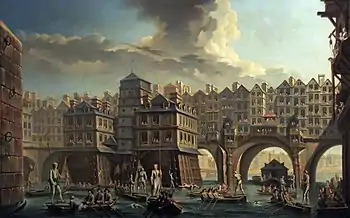 La joute des mariniers, entre le pont Notre-Dame et le Pont-au-Change (1756), Nicolas-Jean-Baptiste Raguenet, musée Carnavalet - Histoire de Paris.