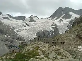 Vue du glacier de la Pilatte depuis le refuge du même nom, dominé par les Bans (à droite).
