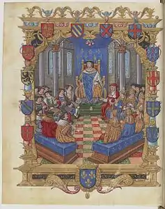 François Ier présidant un lit de justice. Miniature en frontispice du Registre du procès criminel du connétable de Bourbon, atelier d'Étienne Colaud, vers 1528-1535, Paris, BnF, Ms. Français 5109, fo A vo.