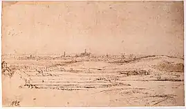 Rembrandt : Vue de Haarlem avec le domaine de Saxenburg  au premier plan, musée Boijmans van Beuningen (dessin).