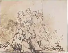 Dessin représentant plusieurs personnages d'une foule dans une attitude d'écoute attentive, mais la source de leur intérêt n'est pas représentée.