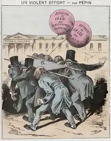 Dessin en couleurs montrant six hommes, dont trois portent des hauts-de-forme, qui chancellent sous le poids de deux ballons gonflés portant les mentions "Retrait de la loi sur les maires" et "Révision de la loi sur l'enseignement supérieur".