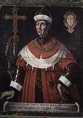 Tableau représentant un homme habillé en rouge et blanc portant un chapeau des mêmes couleurs