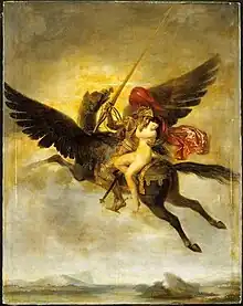 Un homme emmenant une femme sur le dis d'une monture ailée de couleur marron, vue de dos.