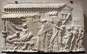 Un poète reçoit Dionysos. Copie romaine/original du Ier siècle AEC, L. 129 cm. Louvre