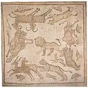 Mosaïque des fauves, musée de Honolulu, v. 450-520.