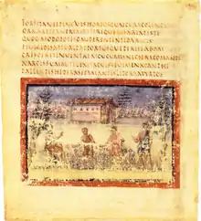 Manuscrit très dégradé : Quatre hommes dans un champ de fleurs, terrain enclos d'arbres, grande bâtisse au centre.