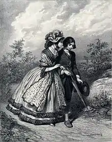 En promenade à la campagne, elle le regarde, le bras passé autour de son coude ; lui a les yeux baissés.