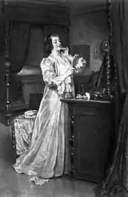 Femme habillée de blanc, se mirant devant sa coiffeuse avec satisfaction