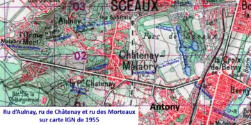 Ensemble hydraulique des rus d'Aulnay, de Châtenay et des Morteaux sur carte de 1955