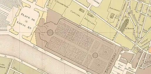 Plan de la zone située entre la place Louis-XV et les rues Saint-Nicaise et de Rohan correspondant aux limites de la première partie de la future rue de Rivoli (1817-1840).