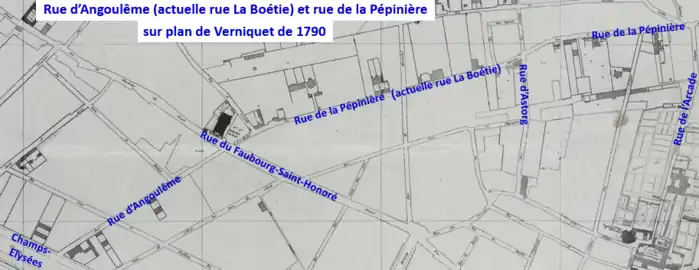 Rues d'Angoulême (La Boétie)  et de la Pépinière sur plan de Verniquet de 1790.